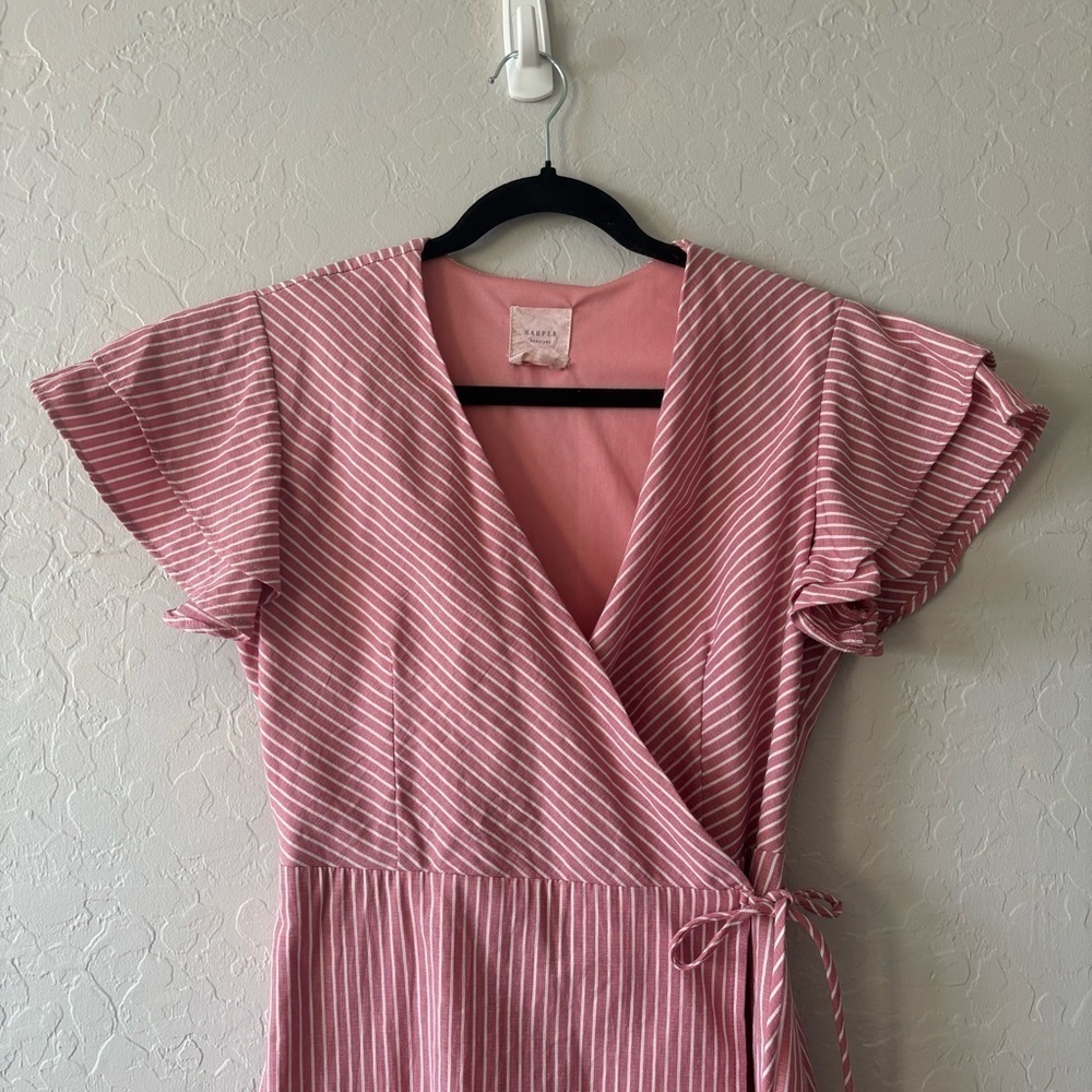 Francesca’s Harper Heritage Pink White Striped Ruffle Sleeve Wrap Dress Large - Picture 8 of 12
